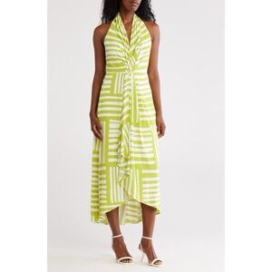 NWT Calvin Klein Knot Front Sleeveless Maxi Dress Abstract Print in Celery White
